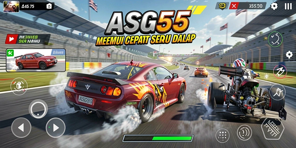 Tampilan gameplay seru dalam balapan ASG55 dengan mobil yang melaju kencang.
