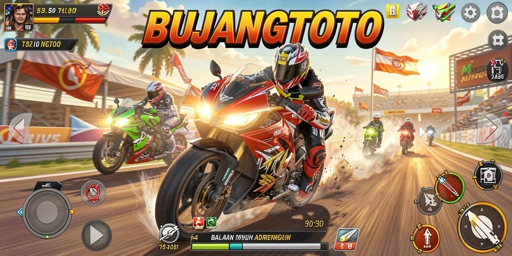 Tampilan seru dari gameplay balapan motor di BUJANGTOTO.