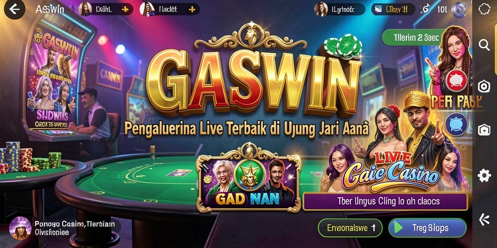 Screenshot utama GASWIN menampilkan dealer langsung dan suasana kasino yang mendebarkan.