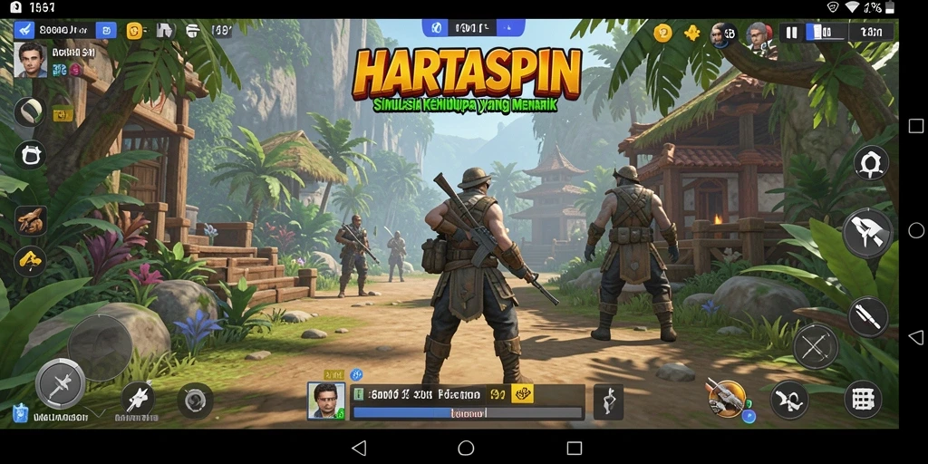 Screenshot gameplay HARTASPIN menampilkan interaksi karakter yang dinamis.