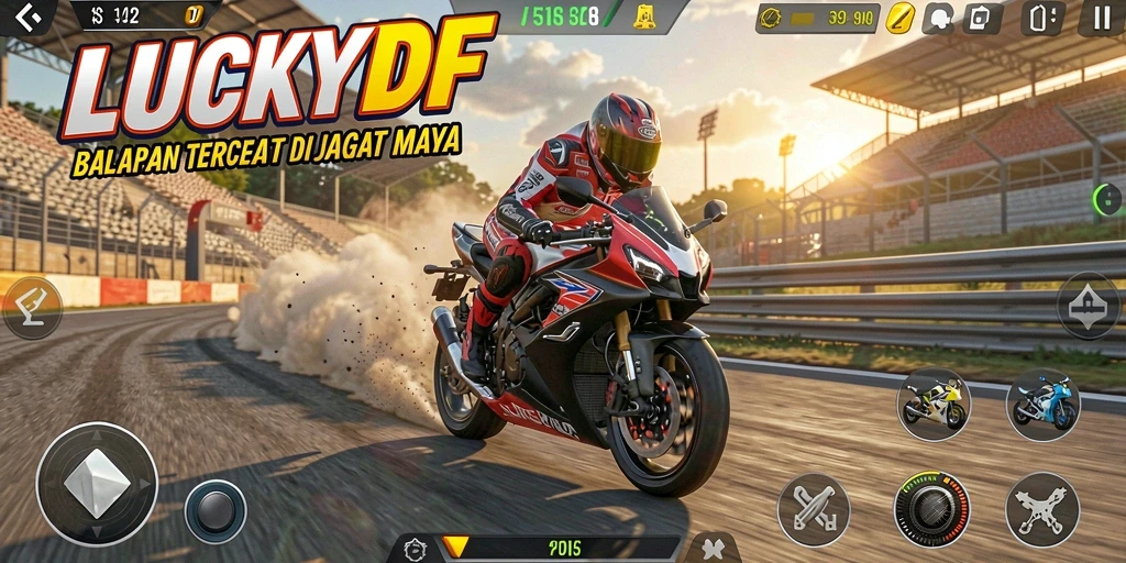 Tampilan gameplay LUCKYDF dengan balapan motor yang mendebarkan.