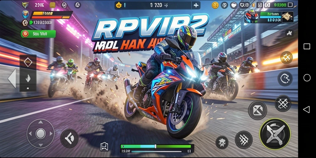 Screenshot utama RPVIP2 menampilkan aksi balap motor yang seru dan menegangkan.