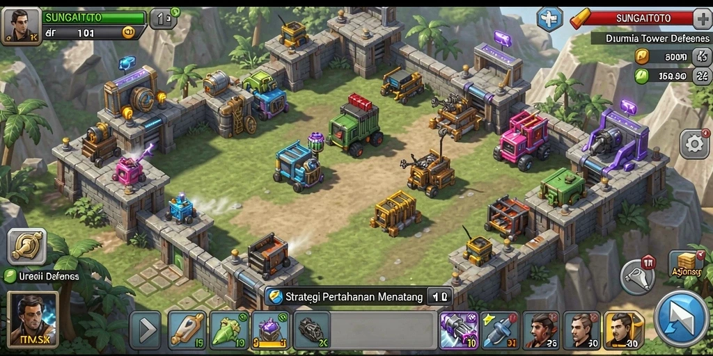Tampilan gameplay mendebarkan dalam SUNGAITOTO saat mempertahankan menara dari serangan.