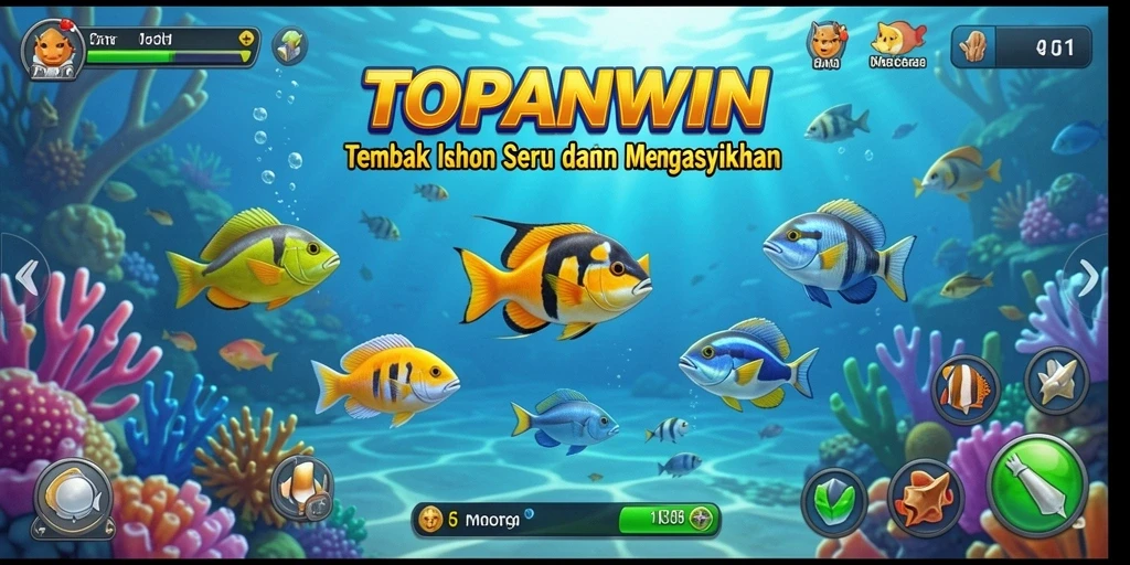 Screenshot menunjukkan gameplay Tembak Ikan yang seru dengan ikan berwarna-warni.