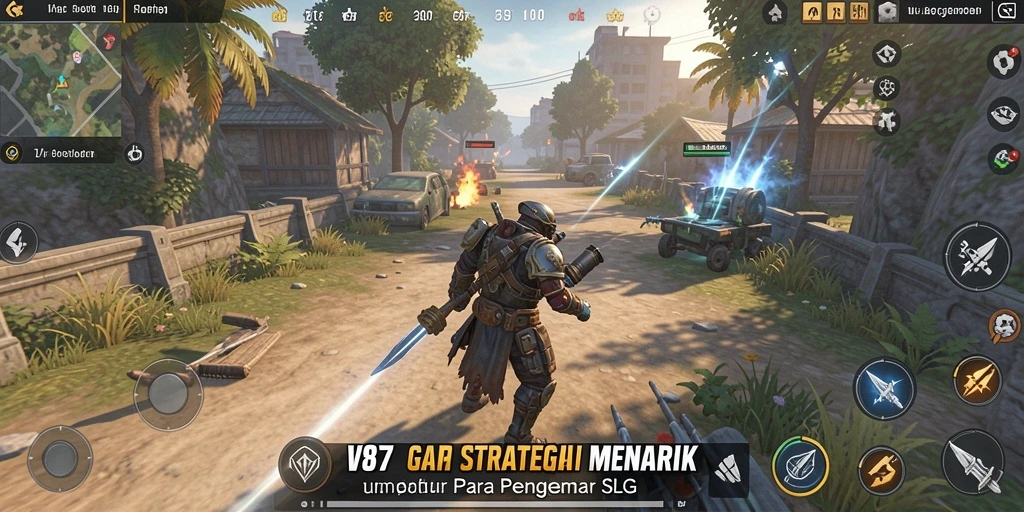 Screenshot dari gameplay V87 yang memperlihatkan pertempuran strategis dan pembangunan kerajaan.